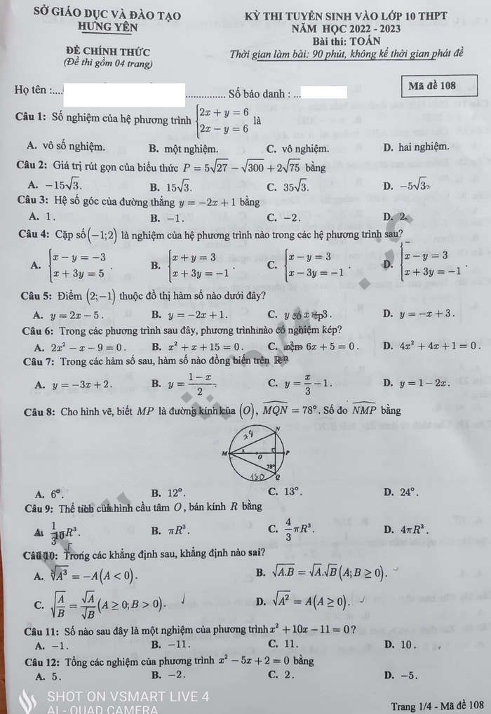 Đề thi vào 10 môn Toán Hưng Yên 2022