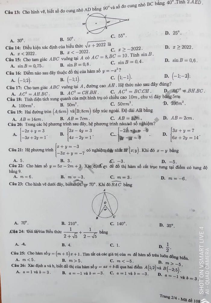Đề thi vào 10 môn Toán Hưng Yên 2022