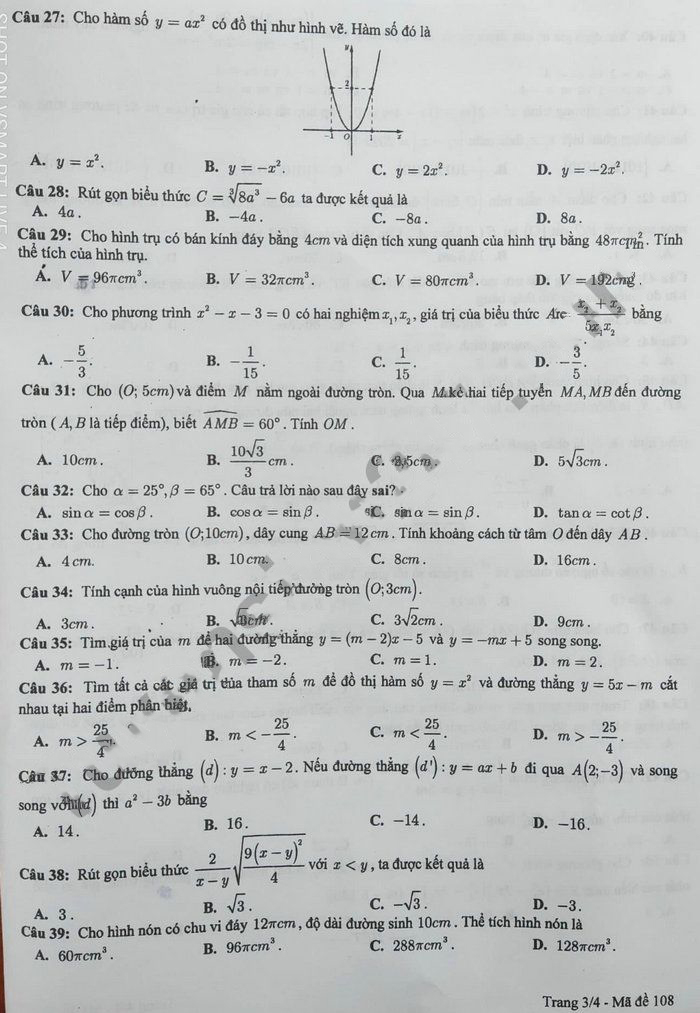 Đề thi vào 10 môn Toán Hưng Yên 2022