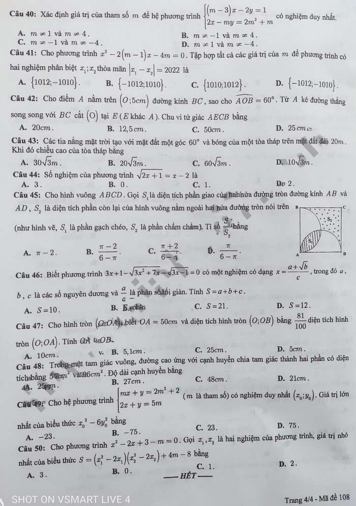 Đề thi vào 10 môn Toán Hưng Yên 2022