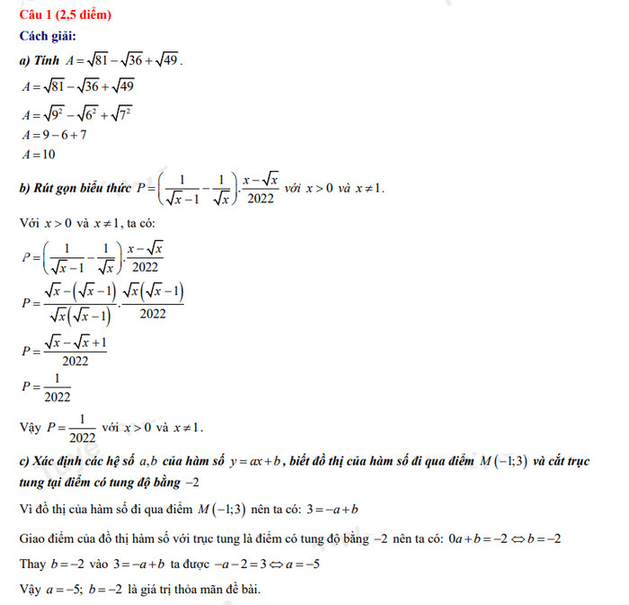 Đáp án đề thi tuyển sinh lớp 10 môn Toán Nghệ An 2022