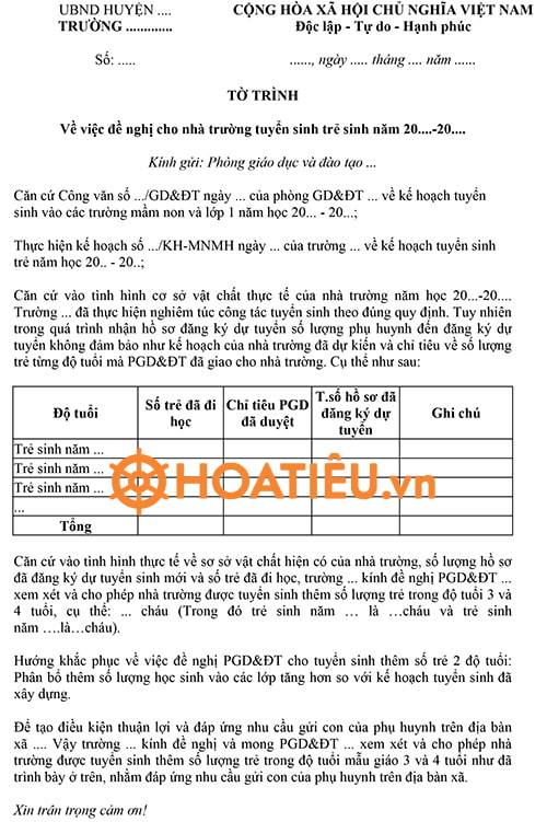 Mẫu tờ trình xin tuyển sinh