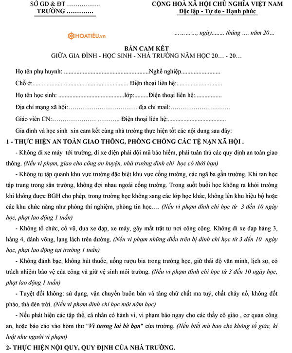 Bản cam kết giữa gia đình, học sinh và nhà trường