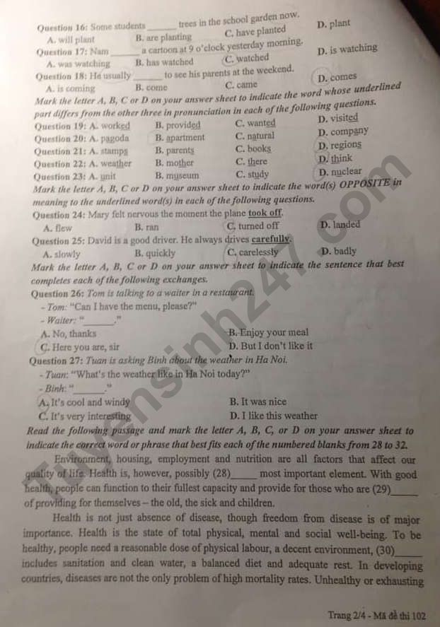 De thi tuyen sinh vao lop 10 mon Anh tinh Thai Nguyen 2022 co dap an