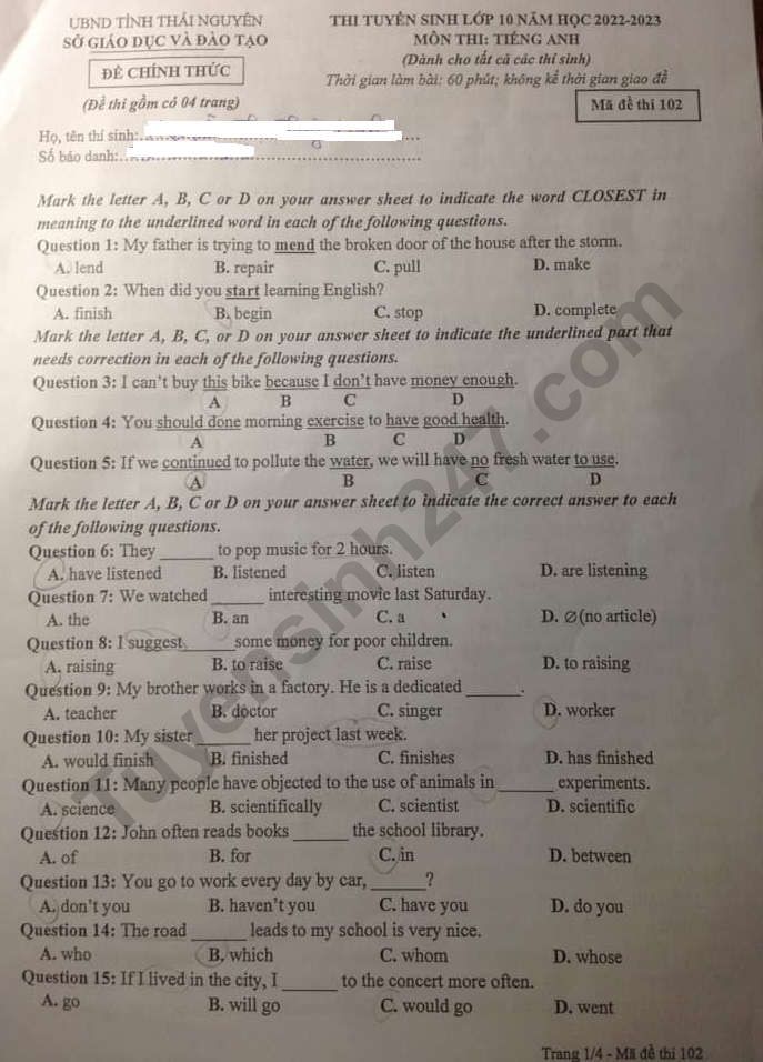 De thi tuyen sinh vao lop 10 mon Anh tinh Thai Nguyen 2022 co dap an