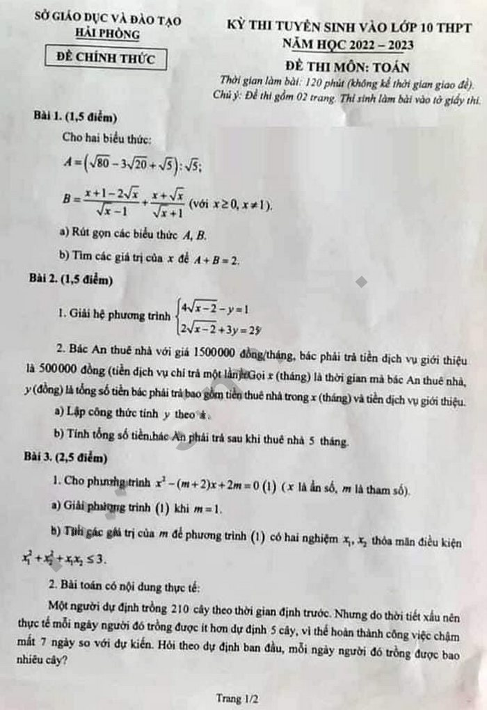 Đề thi vào lớp 10 năm 2022 môn Toán Tp Hải Phòng