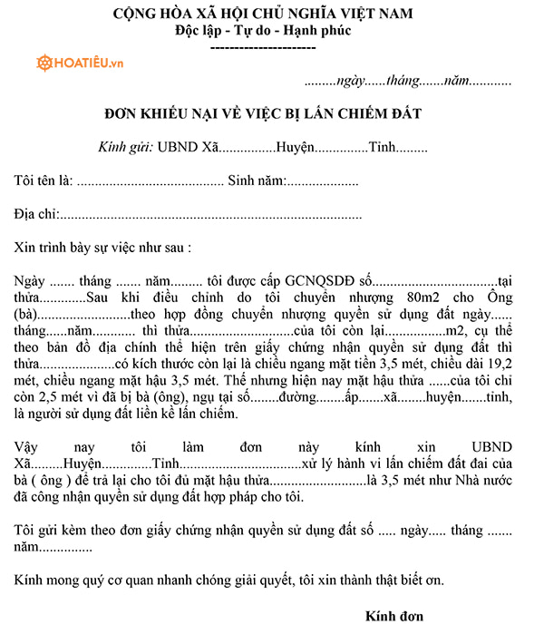 Đơn khiếu nại giải quyết tranh chấp đất đai 