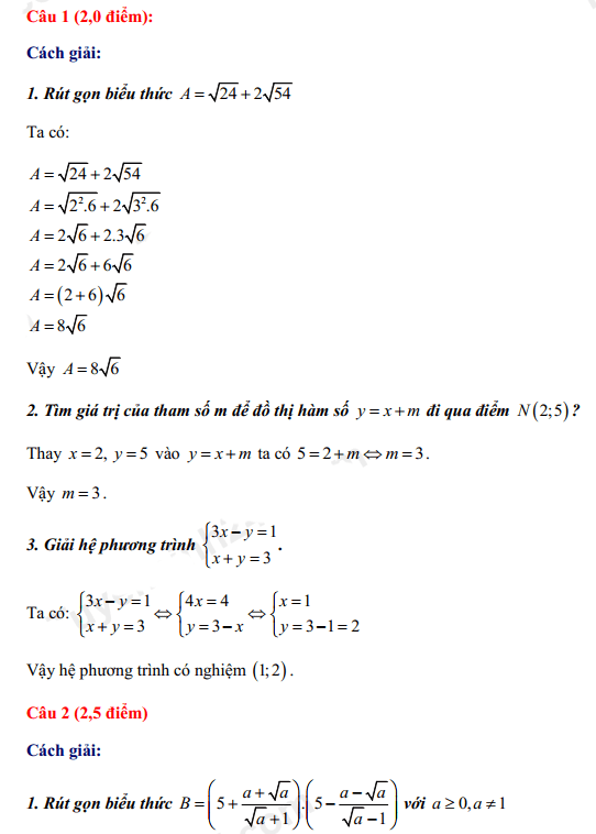 Đáp án đề thi tuyển sinh lớp 10 môn Toán Ninh Bình 2022