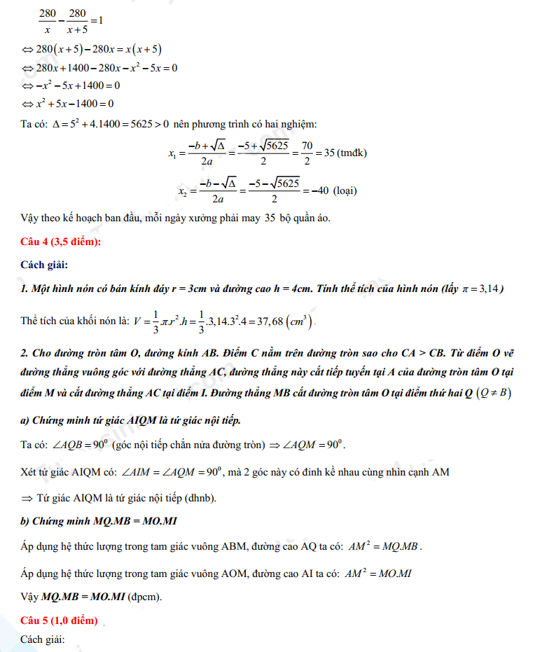 Đáp án đề thi tuyển sinh lớp 10 môn Toán Ninh Bình 2022