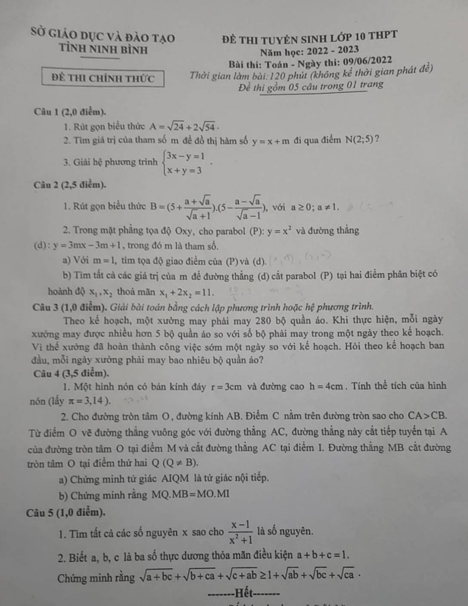  Đề thi vào lớp 10 năm 2022 môn Toán tỉnh Ninh Bình