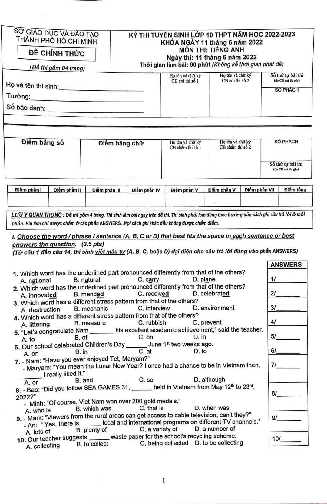 Đề thi môn Tiếng Anh vào lớp 10 TP.HCM năm 2022 nhanh nhất, đầy đủ nhất 0