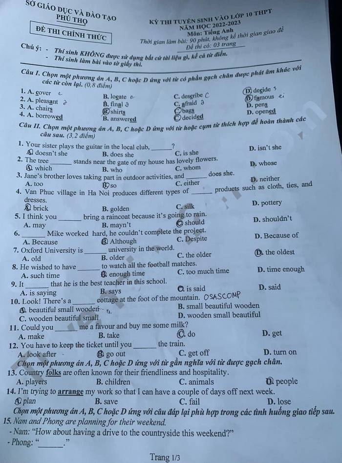 Đề thi vào lớp 10 môn Anh Phú Thọ 2022