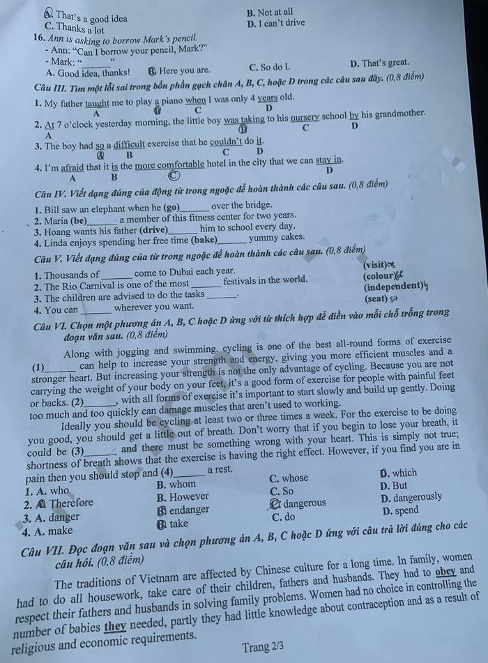 Đề thi vào lớp 10 môn Anh Phú Thọ 2022