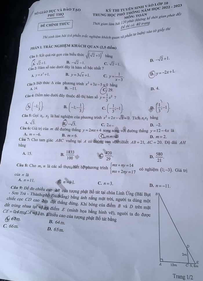 Đề thi tuyển sinh vào 10 môn Toán Phú Thọ 2022