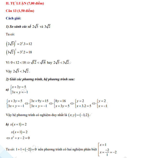 Đáp án đề thi tuyển sinh lớp 10 môn Toán Phú yên 2022