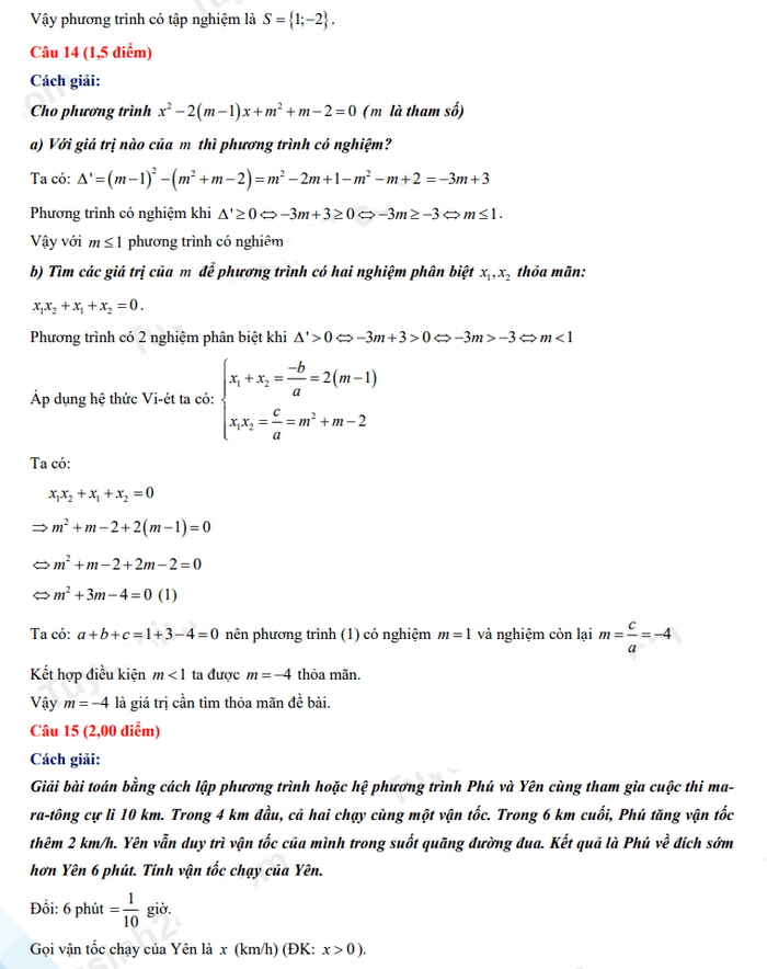 Đáp án đề thi tuyển sinh lớp 10 môn Toán Phú yên 2022