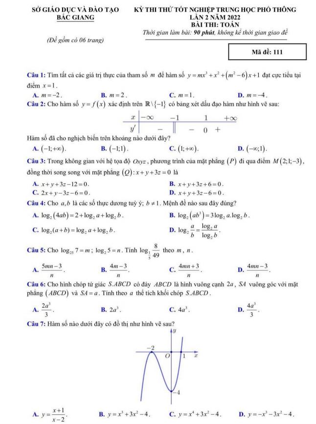 Đề thi thử tốt nghiệp THPT 2022 môn Toán Bắc Giang lần 2