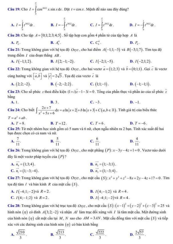 Đề thi thử tốt nghiệp THPT 2022 môn Toán Bắc Giang lần 2
