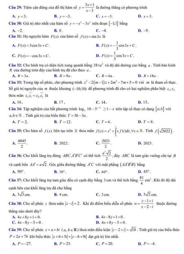 Đề thi thử tốt nghiệp THPT 2022 môn Toán Bắc Giang lần 2