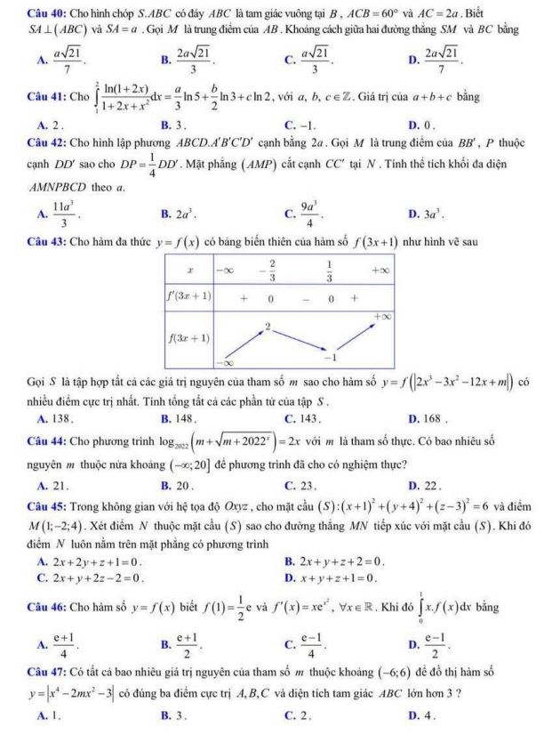 Đề thi thử tốt nghiệp THPT 2022 môn Toán Bắc Giang lần 2