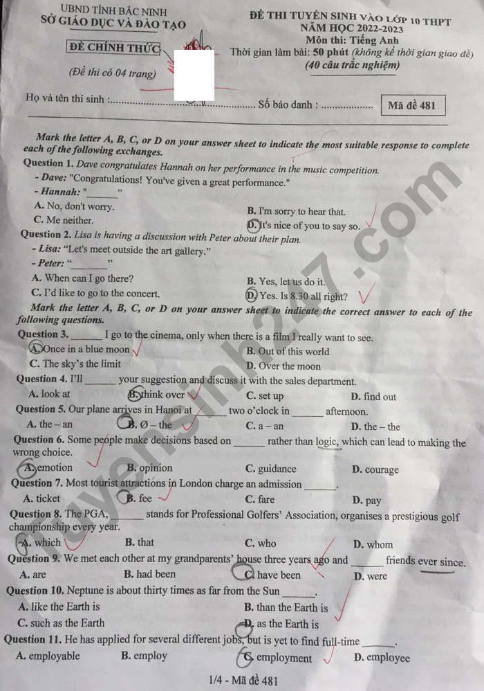 Dap an de thi mon Anh vao lop 10 tinh Bac Ninh 2022