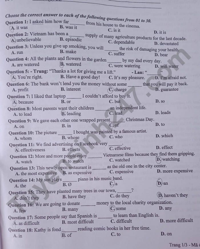 Đề thi vào 10 môn Anh Tuyên Quang 2022