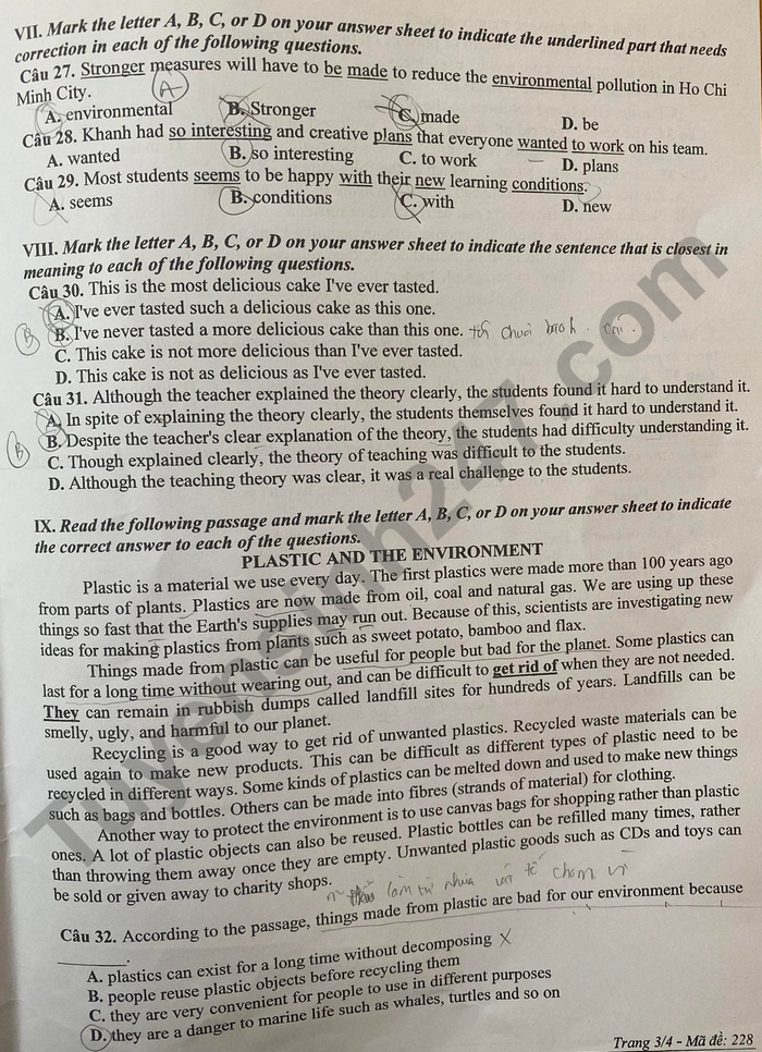 Dap an de thi vao lop 10 Dak Lak nam 2022 - mon Anh