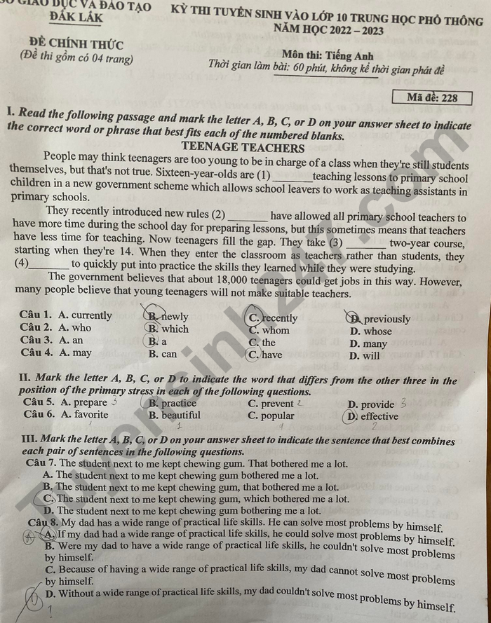 Dap an de thi vao lop 10 Dak Lak nam 2022 - mon Anh