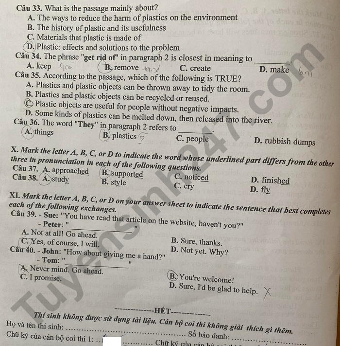 Dap an de thi vao lop 10 Dak Lak nam 2022 - mon Anh