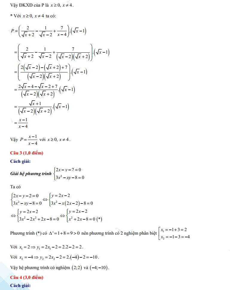 Đáp án đề thi tuyển sinh lớp 10 môn Toán Nam Định 2022