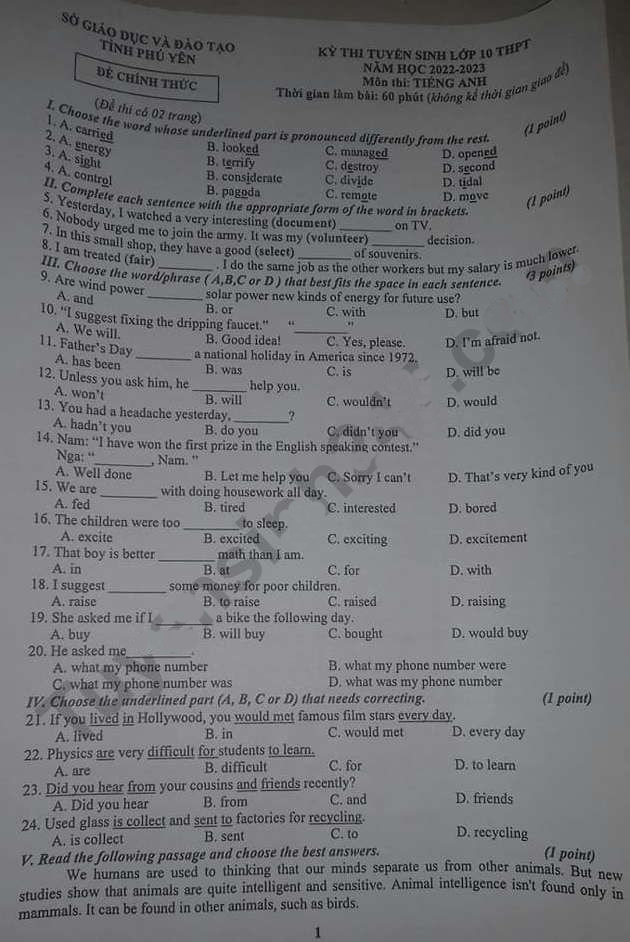 Đề thi vào 10 môn Anh Phú Yên 2022