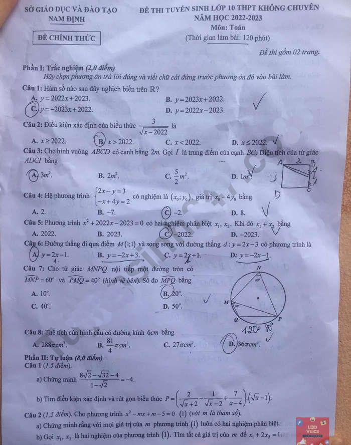 Đề thi tuyển sinh vào lớp 10 2022 Nam Định môn Toán