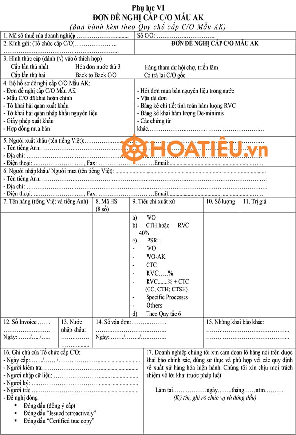 Đơn đề nghị cấp C/O mẫu AK