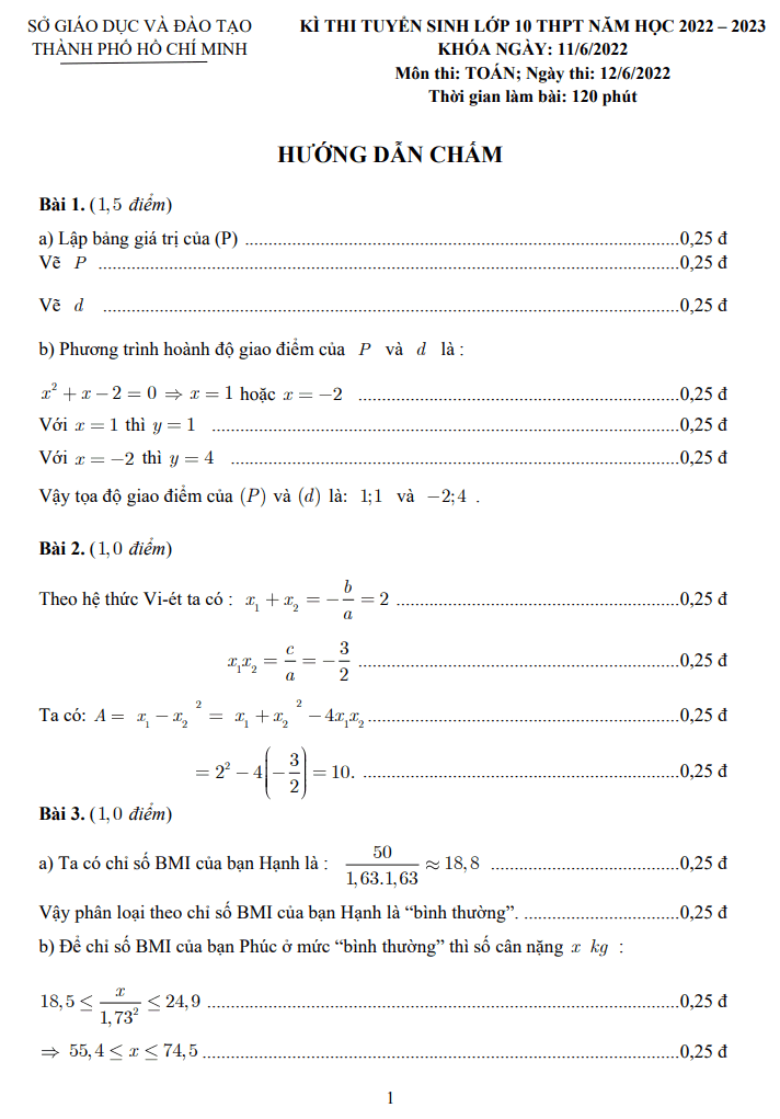 Đáp án đề thi vào lớp 10 2022 Tp HCM môn Toán chính thức của SGDĐT
