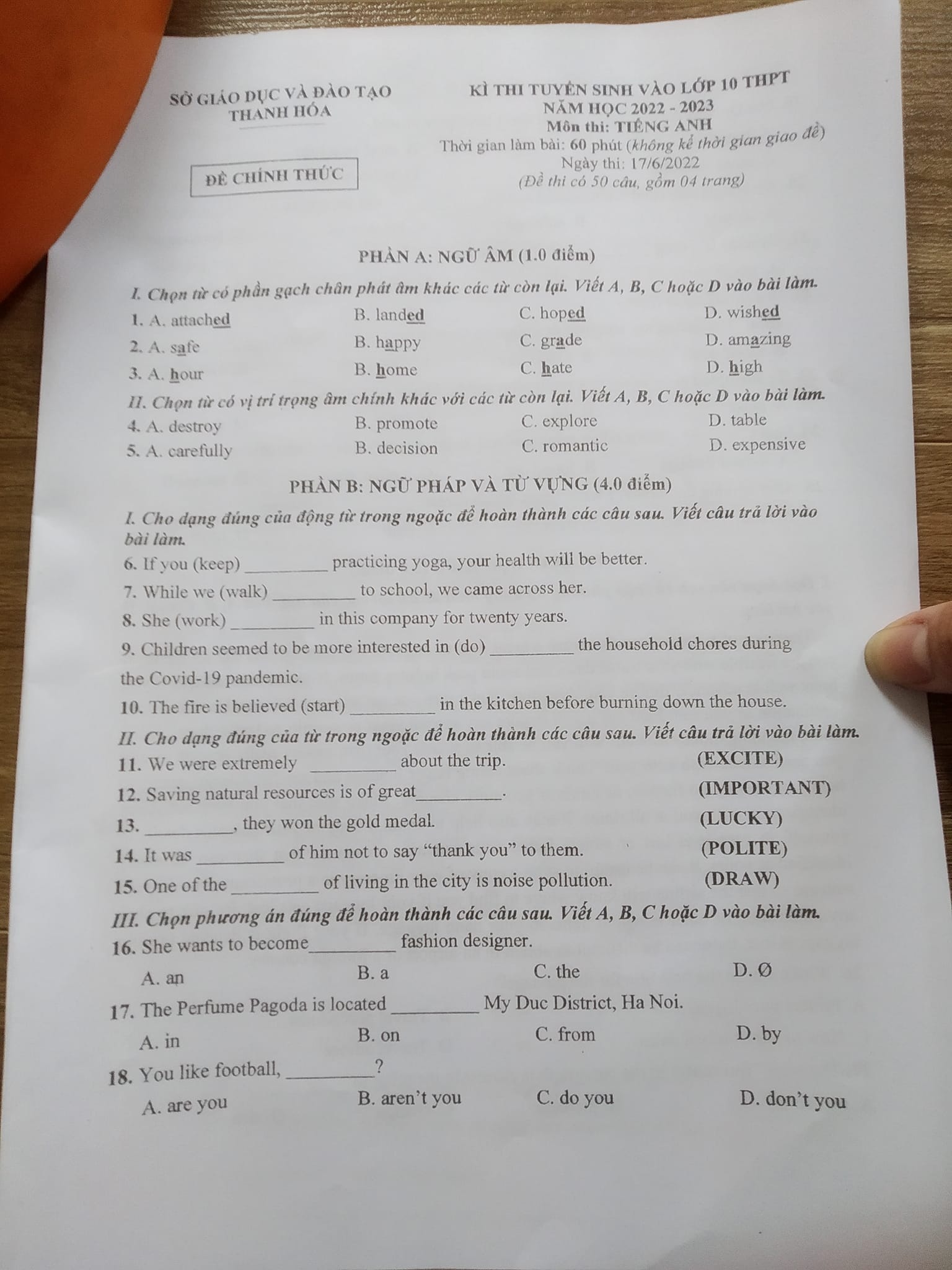 Đề thi môn Tiếng Anh vào lớp 10 Thanh Hóa năm 2022 đầy đủ nhất 0