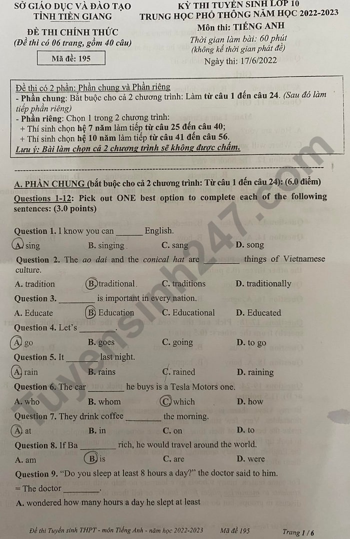 Đề thi vào lớp 10 năm 2022 môn Anh Tiền Giang