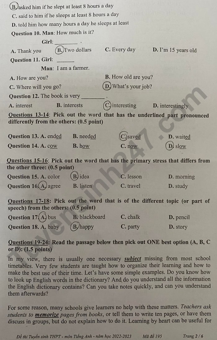 Đề thi vào lớp 10 năm 2022 môn Anh Tiền Giang