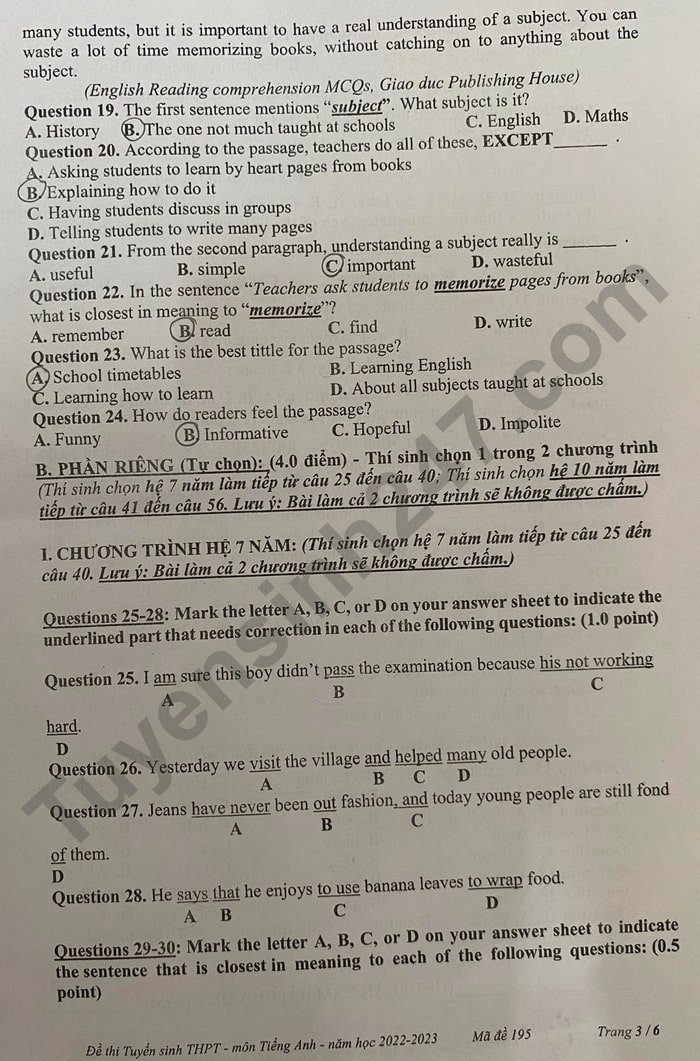 Đề thi vào lớp 10 năm 2022 môn Anh Tiền Giang