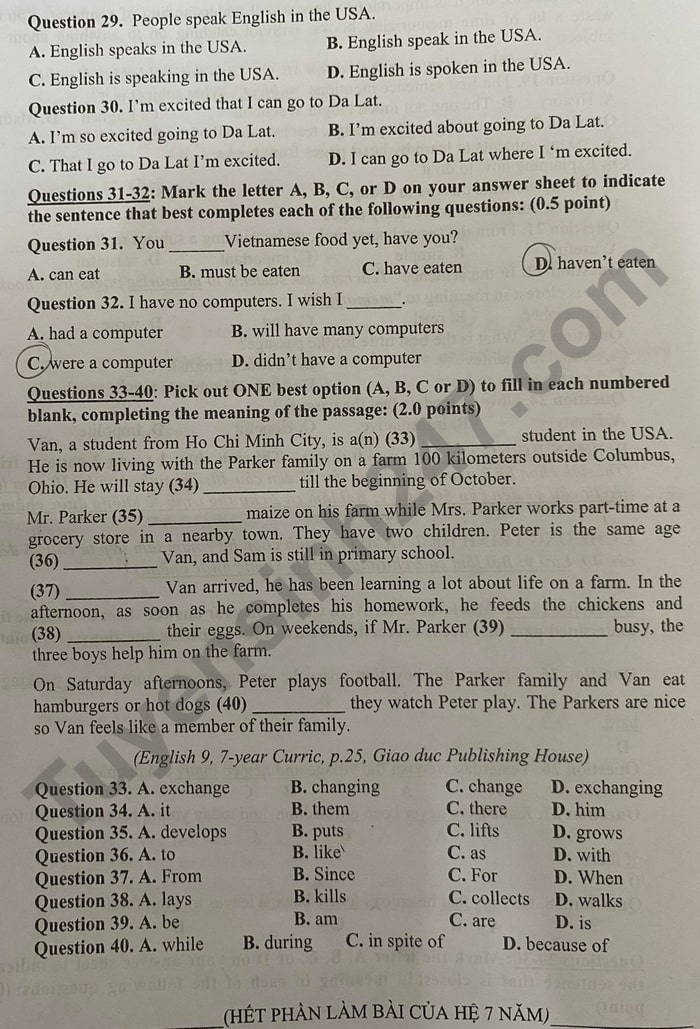 Đề thi vào lớp 10 năm 2022 môn Anh Tiền Giang