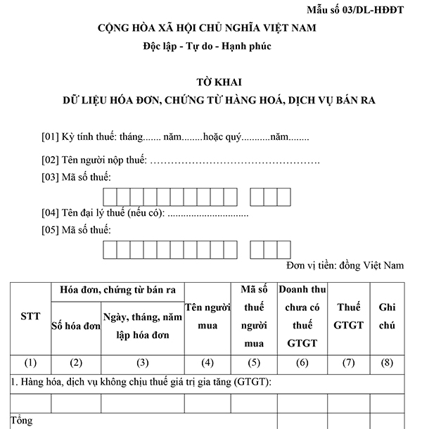 Mẫu 03/DL-HĐĐT: Tờ khai hóa đơn hàng hóa, dịch vụ bán ra
