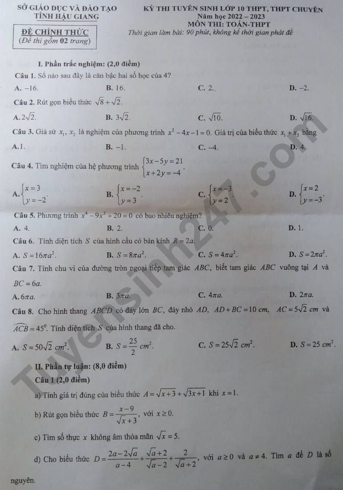 Đề thi vào lớp 10 năm 2022 môn Toán tỉnh Hậu Giang