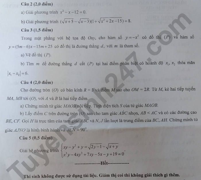 Đề thi vào lớp 10 năm 2022 môn Toán tỉnh Hậu Giang