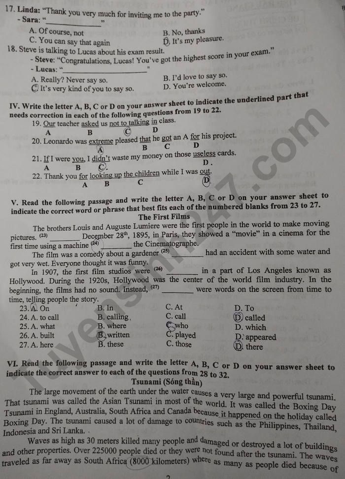 Đề thi vào lớp 10 năm 2022 môn Anh tỉnh Hậu Giang