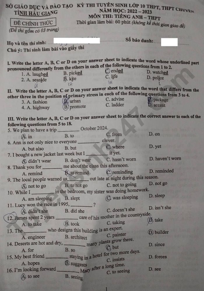 Đề thi vào lớp 10 năm 2022 môn Anh tỉnh Hậu Giang