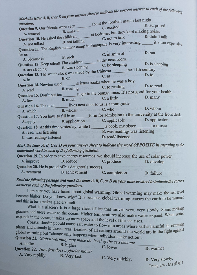 Đề thi môn Tiếng Anh vào lớp 10 Hà Nội năm 2022 tất cả mã đề 1