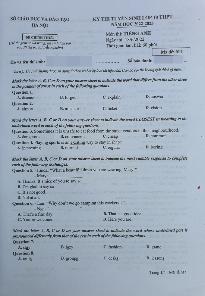 Đề thi môn Tiếng Anh vào lớp 10 Hà Nội năm 2022 tất cả mã đề 0