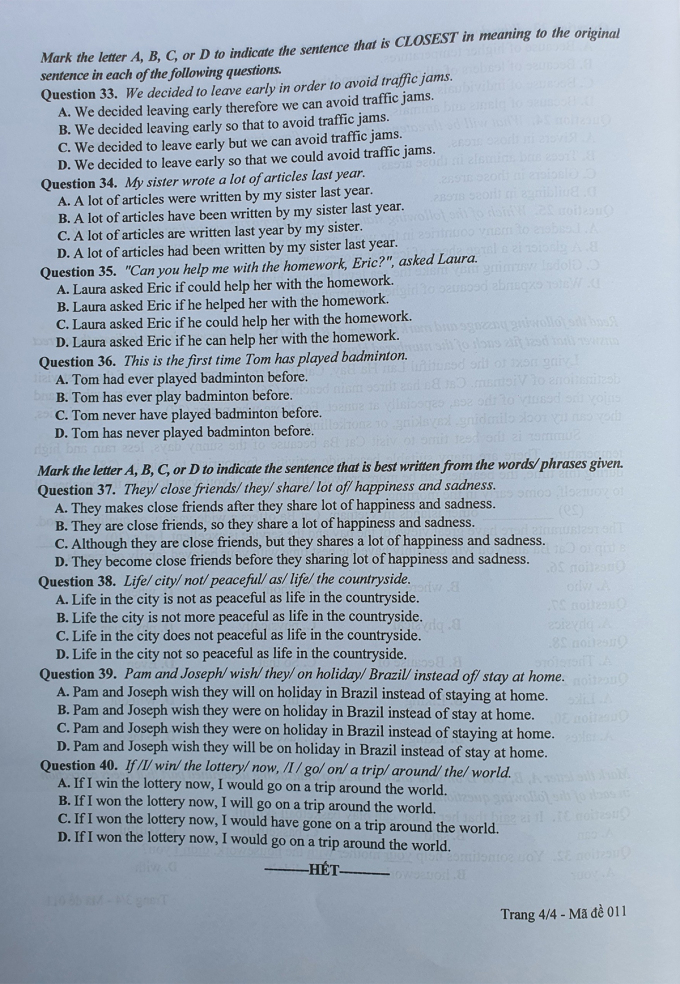 Đề thi môn Tiếng Anh vào lớp 10 Hà Nội năm 2022 tất cả mã đề 3