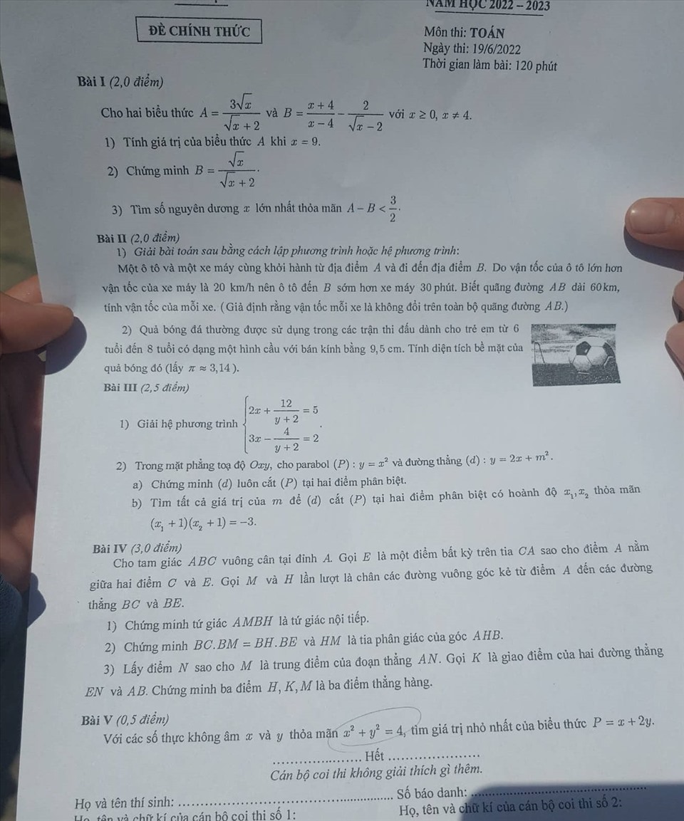Đề thi tuyển sinh lớp 10 môn Toán 2022 Hà Nội