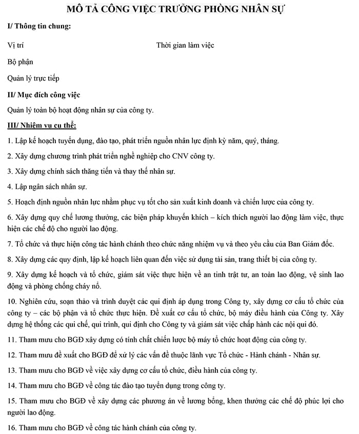 Bảng mô tả công việc Trưởng phòng Nhân sự