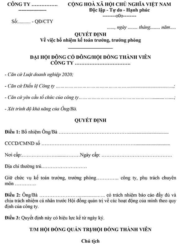 Mẫu Quyết định bổ nhiệm kế toán trưởng, trưởng phòng